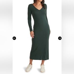 MARINE LAYER Lexi Long Sleeve V-Neck Dress Ribbed Maxi Medium Green Gables